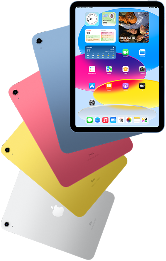 Vista frontal de un iPad que muestra la pantalla de inicio, con cuatro modelos de iPad detrás en azul, rosa, amarillo y plata.