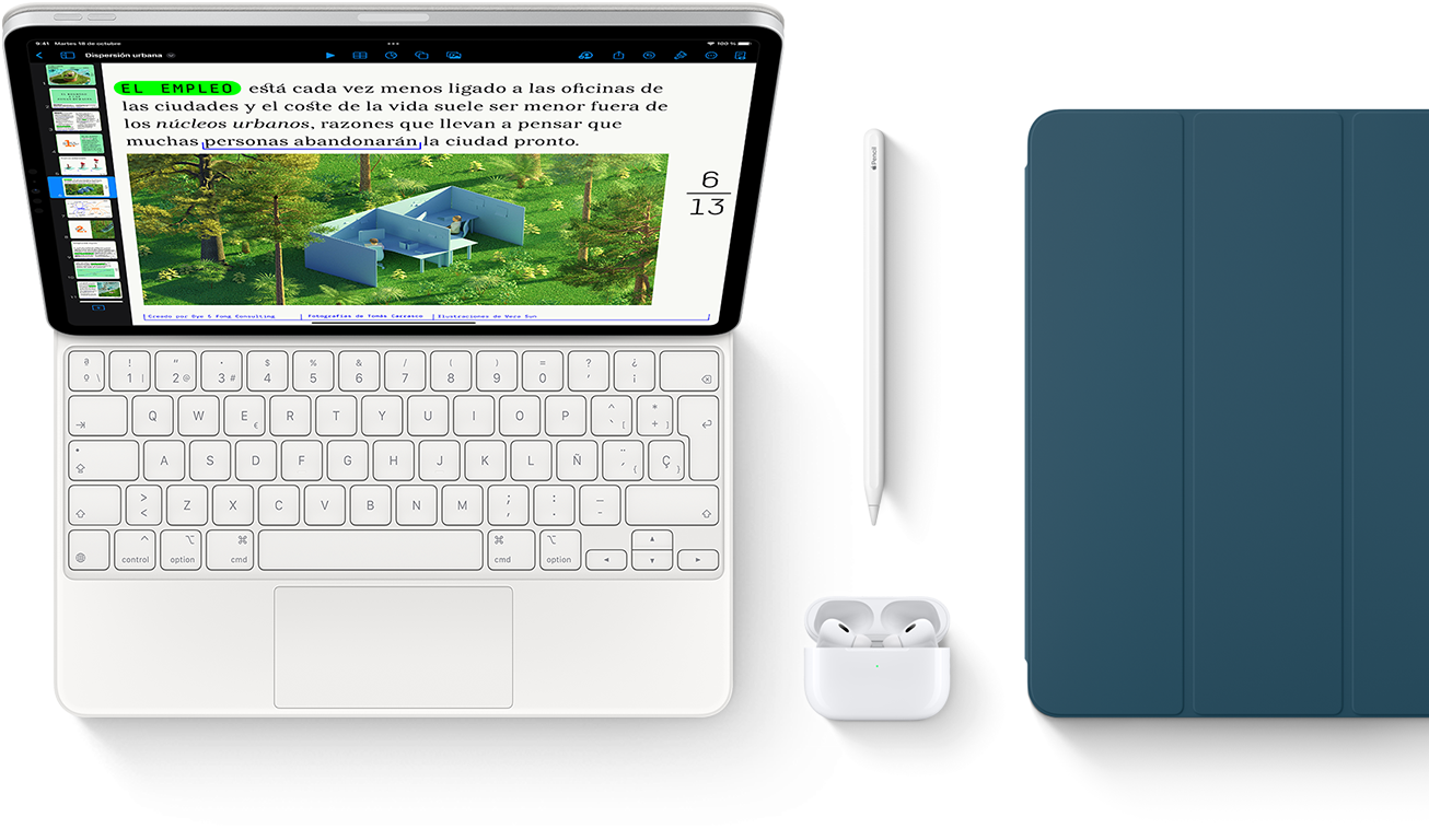 Un Smart Keyboard Folio, un Apple Pencil, unos AirPods Pro y una funda para el iPad en azul marino